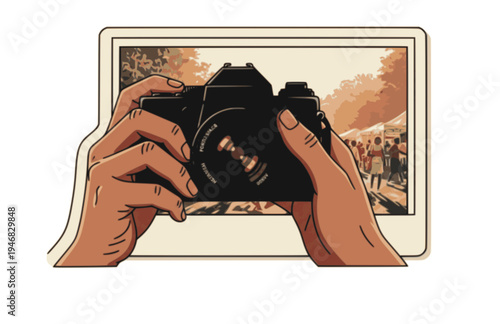 Vintage 35mm Film Camera POV Silhouette, Retro Photography Vector Sticker, Candid Lifestyle Hand Held Camera Illustration