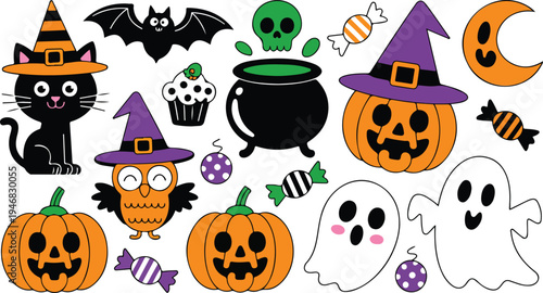 Hand-drawn cartoon vector collection of cute Halloween icons and objects including jack-o-lanterns, witches, bats and candy treat