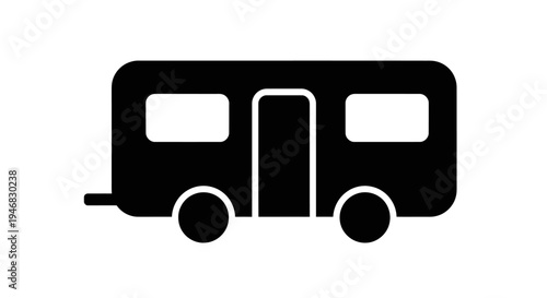 Black and white vector illustration of a travel trailer or caravan against a white backdrop