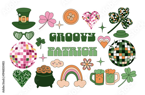 Groovy retro  St. Patrick's Day set. Clover, disco balls, leprechaun hat, Irish beer, gold coin, rainbow, pot of gold, flowers,glass hearts. Pink and green Patricks, 70s shamrock. Vector illustration 