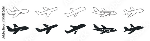 Airplane icon set, aircraft silhouette collection, aviation transport symbols on transparent background