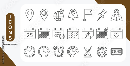Time, date and location line icon set with clock, calendar, stopwatch and GPS pin vector symbols.