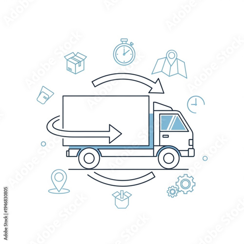 Logistics and delivery truck icon with various symbols around it