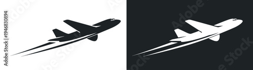 Airplane silhouette set with speed trails, aviation flight transport symbol vector illustration