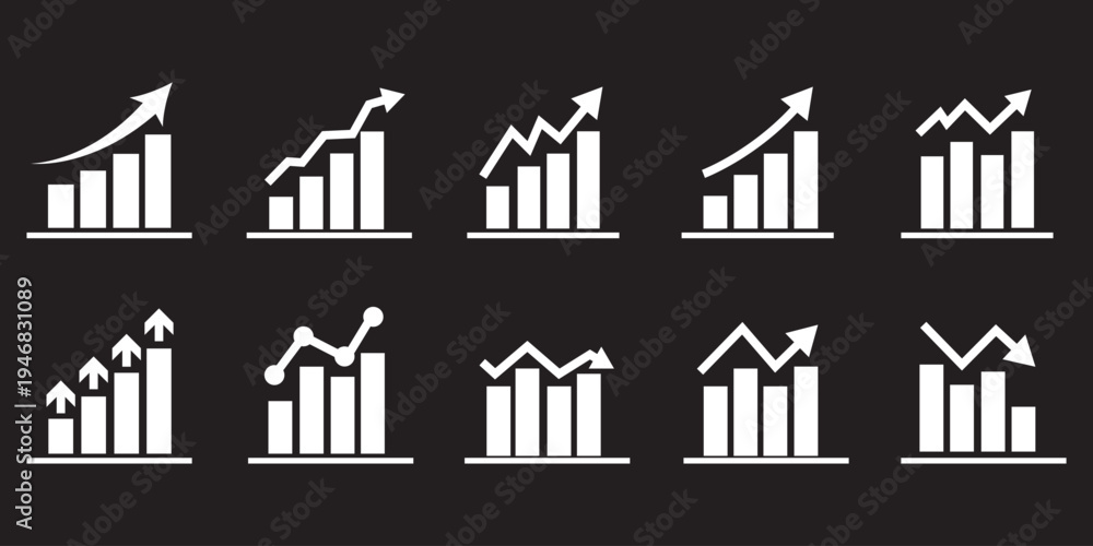 Fototapeta premium Business chart icon set showing growth and decline trends. Bar graphs with up and down arrows for analytics statistics financial performance revenue increase sales growth profit ...