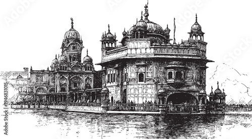 Golden Temple, India illustration on a white background. This vector illustration can be used in any size you like for advertising, logos, and other work.
