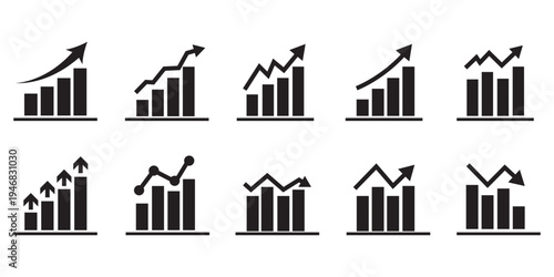 Business chart icon set showing growth and decline trends. Bar graphs with up and down arrows for analytics statistics financial performance revenue increase sales growth profit ...