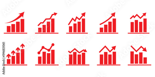 Business chart icon set showing growth and decline trends. Bar graphs with up and down arrows for analytics statistics financial performance revenue increase sales growth profit ...