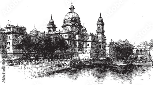 Golden Temple, India illustration on a white background. This vector illustration can be used in any size you like for advertising, logos, and other work.
