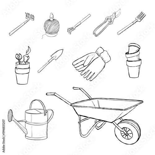 Hand drawn gardening tools line art set with wheelbarrow watering can gloves rake pruners trowel pots and twine isolated on white