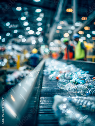 Plastic bottles moving along a conveyor belt inside a recycling plant with workers wearing safety vests and helmets in the background