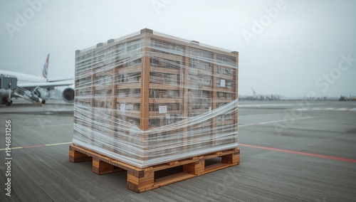 Wooden Pallet with Wrapped Cargo at Airport Runway in Foggy Conditions