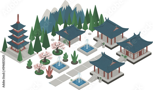 Isometric Chinese traditional garden, pagoda temple complex, oriental pavilion architecture with fountains, mountain landscape background, Asian cultural heritage illustration