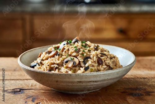 Bowl of creamy mushroom risotto served on a rustic wooden table. Warm culinary photography for seasonal restaurant menus and home cooking blogs.