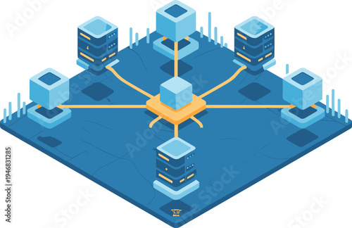 Isometric cloud network architecture illustration, connected servers and data nodes, distributed computing infrastructure, digital communication technology concept