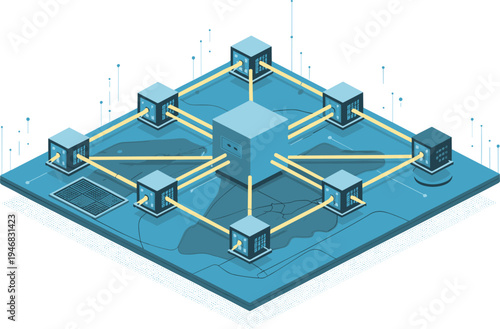 Isometric global data network illustration, connected servers and nodes, digital communication infrastructure, cloud computing technology, internet system concept