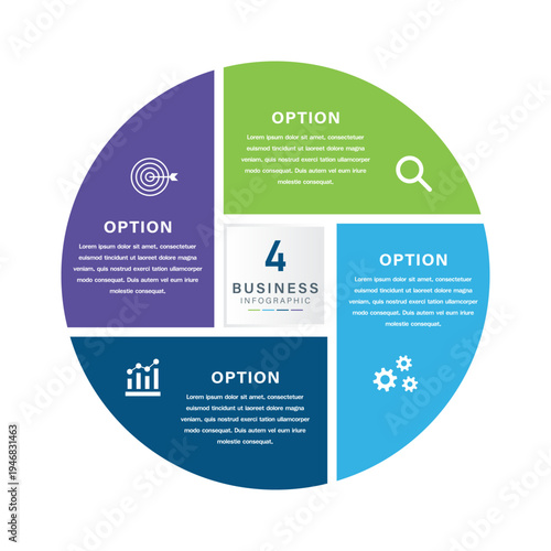 Circular Four Option Business Infographic Diagram with Target, Magnifying Glass, Bar Chart, and Gear Icons