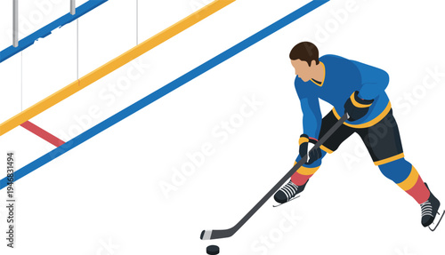 Isometric ice hockey player skating with puck, professional hockey athlete action on rink, winter sport competition illustration concept