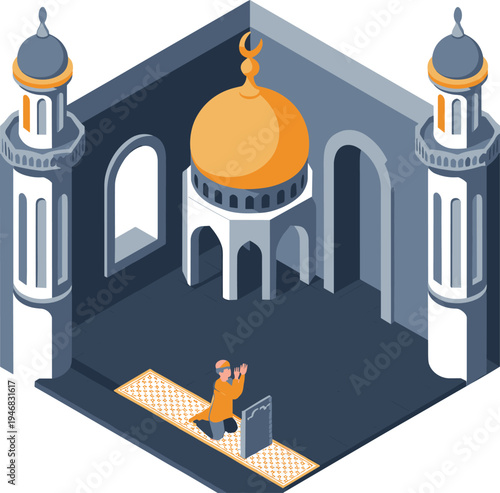 Isometric mosque interior illustration, Muslim man praying on prayer mat, Islamic architecture with dome and minarets, Ramadan worship concept