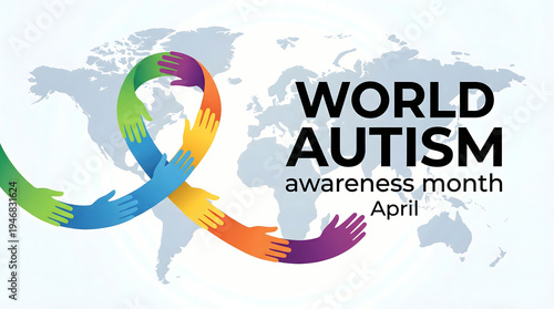 Wallpaper Mural World Autism Awareness Month Ribbon with Colorful Hands on World Map Background Torontodigital.ca