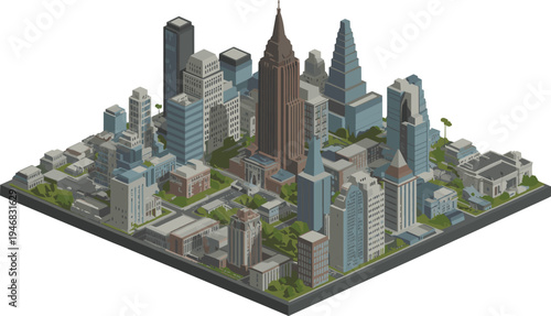 Isometric modern city skyline, smart urban downtown architecture, skyscraper district, 3D cityscape illustration, business metropolis infrastructure, detailed buildings, aerial perspective