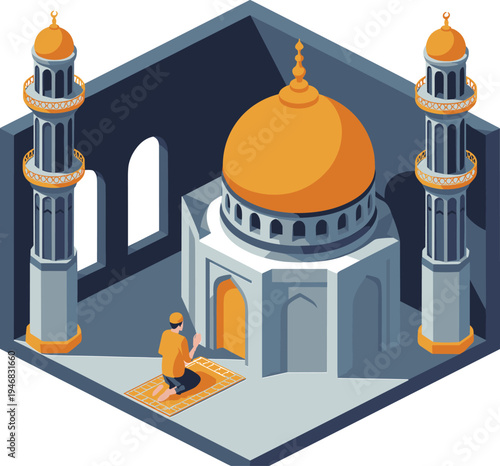 Isometric mosque prayer scene, Muslim man performing salah on prayer mat, Islamic architecture with dome minarets, Ramadan worship illustration