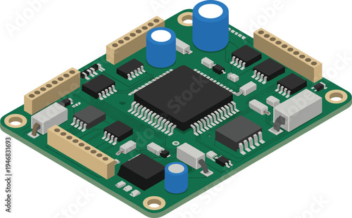 Isometric printed circuit board illustration, electronic motherboard with microchip processor, capacitors and connectors, embedded hardware technology concept