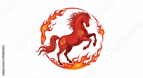 Fiery Red Horse Rearing Up in Circle of Flames, Mythical Creature
