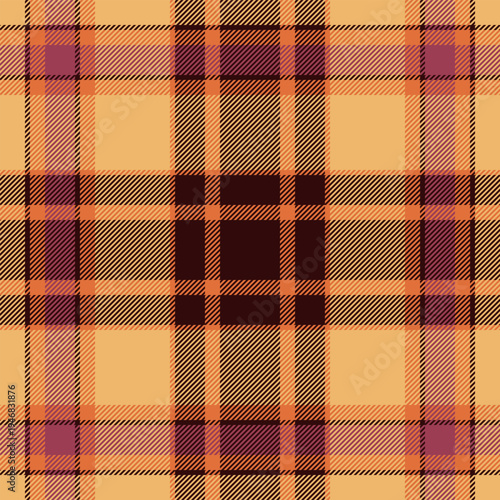 Expressive check fabric pattern, large tartan texture vector. Outfit seamless textile background plaid in orange and dark colors.