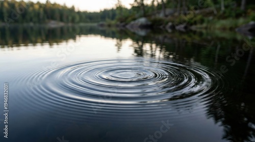 Gentle water ripples creating a mesmerizing pattern on a tranquil lake surface, softly reflecting the surrounding lush green forest under a clear sky, embodying peace and natural beauty
