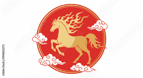 Golden Horse Illustration with Fiery Mane and Clouds on Red Circle