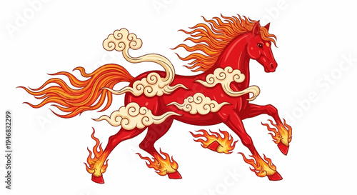 Fiery Red Horse Illustration with Clouds and Flames