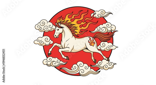 Mythical Fire Horse Galloping Through Clouds Under Red Sun