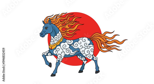 Mythical Blue Horse with Fiery Mane and Cloud Pattern, Sun Disc Background