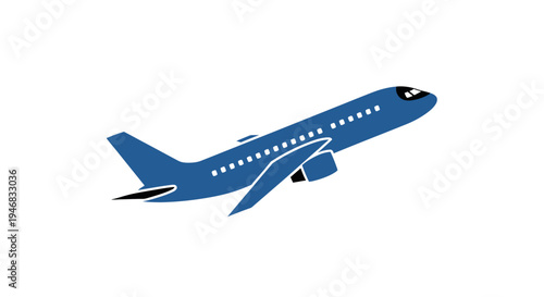 Blue airplane icon illustration of a commercial jet taking off with white background
