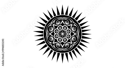 Intricate Mandala Sun Symbol, Spiritual Geometric Design, Black and White