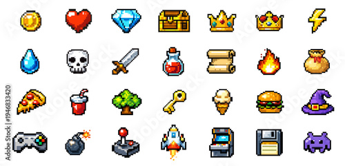 Pixel game icon set with arcade items coin heart diamond chest crown sword potion joystick rocket and retro videogame elements