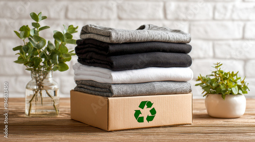 Neatly folded clothes stacked on a recyclable cardboard box with green plants on wooden table promoting eco-friendly sustainable living and recycling concept