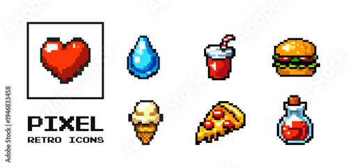 Pixel game icon set with heart water potion burger pizza drink and retro arcade food items