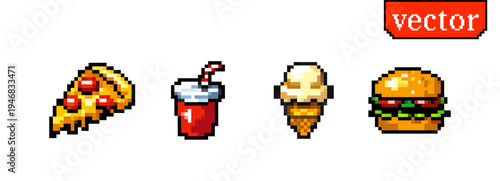 Pixel game food icon set with pizza soda ice cream and burger in retro arcade style