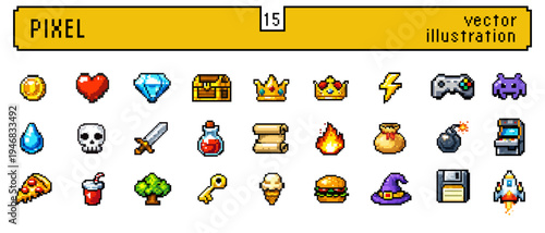 Pixel game icon set with coin heart diamond chest crown joystick rocket and retro arcade videogame elements