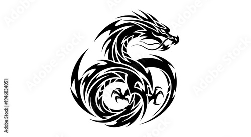 Tribal Dragon Tattoo Design, Black Silhouette, Isolated on White
