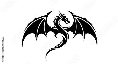 Black Dragon Silhouette with Open Wings on White Background