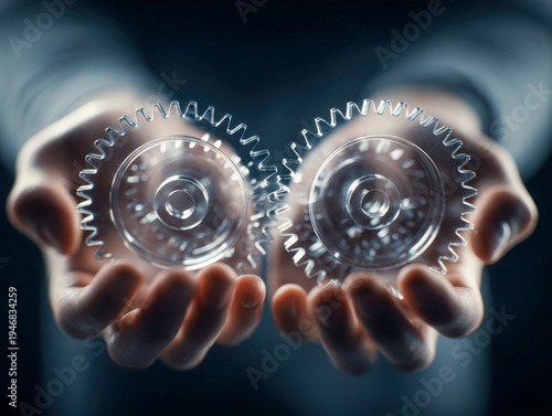 Hands holding two transparent interlocking gears representing teamwork, innovation, and the mechanics of collaboration in technology and business concepts