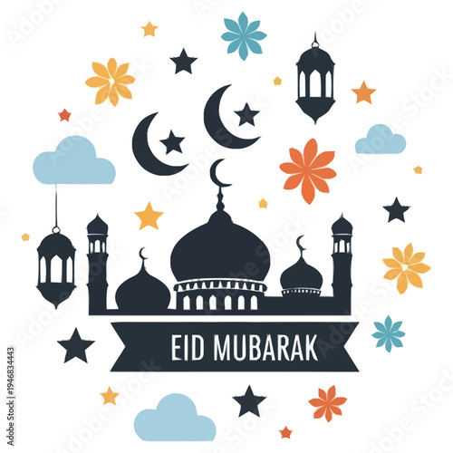 Generous Islamic Mosque Silhouetted Against Night Sky Adorned with Crescent Moons Stars Clouds and Festive Lanterns Celebrating Eid Mubarak Wishes