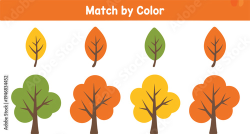 Preschool color matching game with autumn trees and leaves, educational worksheet for kids learning colors and fall nature