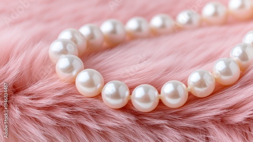 Jewelry background, a string of white pearls lying on a soft texture of dusty rose wool felt, macro photography, contrast of smooth and fuzzy surfaces
