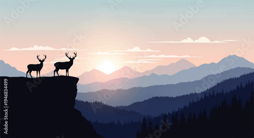 Vector flat design illustration of two deer silhouettes standing on a cliff overlooking a serene mountain landscape at sunset with warm, pastel colors.