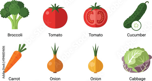 Collection of various fresh colorful vegetables and fruits arranged in a grid on a clean white background