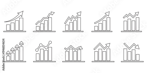 Growth blue icon set. Financial profit blue line and solid icon set. Containing arrow up, growing graph, business chart icons. Vector illustration.